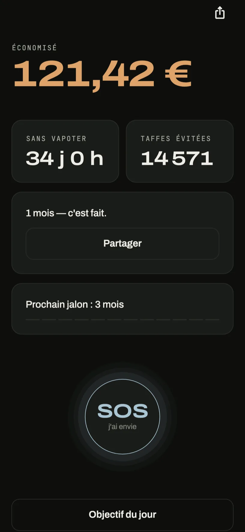 Accueil de Sevro : 121,42 € économisés, 34 jours sans vapoter